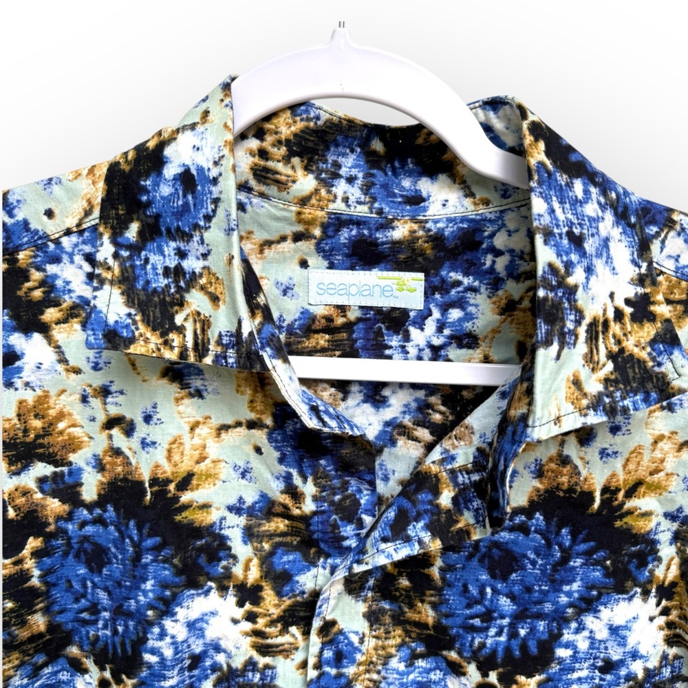Seaplane Blue and Brown Abstract Floral Tropical Casual Button Down Shirt L - Picture 3 of 6
